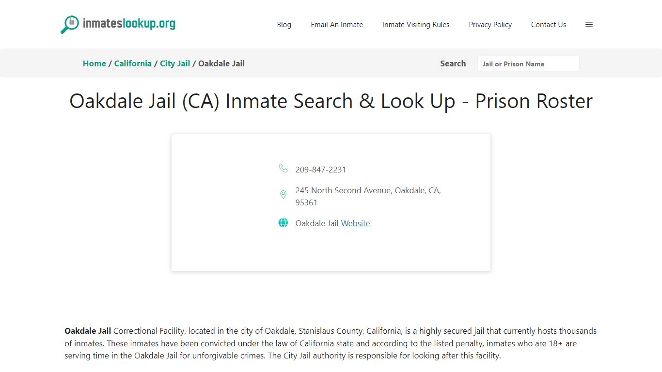 Oakdale Jail (CA) Inmate Search & Look Up - Prison Roster
